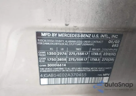 2002 Mercedes-Benz Ml 320 from USA, damaged, VIN 4JGAB54E02A370455